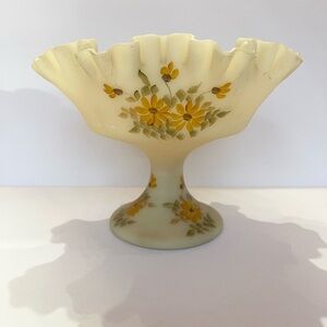 Fenton Custard Glass Ruffle Edge Compote Candy Dish Hand Painted Artist Signed